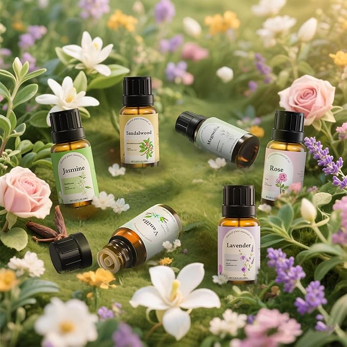 Natural Essential Oil Blend Set - 6x10ml Fresh & Crisp Collection - Plant-Based Scented Oils for Diffuser, Air Purifier & Home Fragrance - Peppermint, Lemon, Frankincense, Chamomile, Orange Blossom