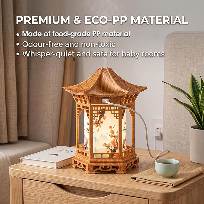 Chinese Lanterns, Chinese Lamp Aroma Diffuser & Night Light - 160ml Lantern Diffuser with Dual Mist Modes, Dual Color Temperatures, Shallow Wood Grain for Bedroom Office Home, Khaki