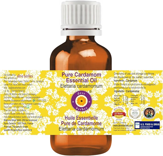 Deve Herbes Pure Cardamom Essential Oil (Elettaria cardamomum) Steam Distilled 50ml (1.69 oz)