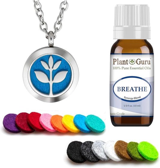 Plant Guru Essential Oil Diffuser Necklace Set Kit with Breathe Blend 10 ml., 25mm Stainless Steel Locket Pendant with 24" Adjustable Chain, 15 Washable Refill Felt Pads. Aromatherapy Jewelry