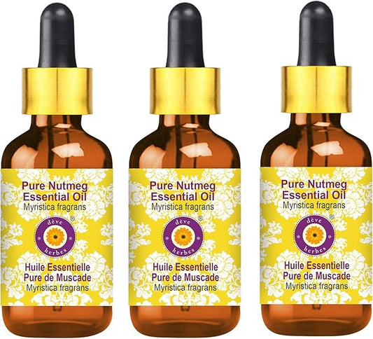 Deve Herbes Pure Nutmeg Essential Oil (Myristica fragrans) with Glass Dropper Steam Distilled (Pack of Three) 100ml X 3 (10 oz)