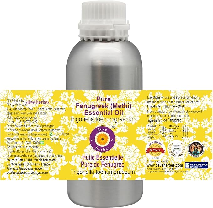 Deve Herbes Pure Fenugreek (Methi) Essential Oil (Trigonella foenumgraecum) Steam Distilled 630ml (21 oz)