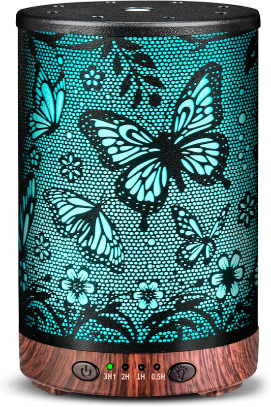 Essential Oil Diffuser 120ML Metal Aromatherapy Diffuser with Timer, Cool Mist Humidifier with Auto Shut-Off & 7 Color Lights for Home Office Spa (Big Butterfly)