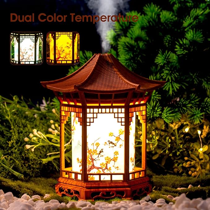 Essential Oil Diffusers, Chinese Lantern Aroma Diffuser & Night Light - 160ml Essential Oil Diffuser with Dual Mist Modes, Dual Color Temperatures, Shallow Wood Grain for Bedroom Office, Khaki