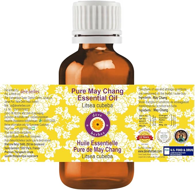Deve Herbes Pure May Chang Essential Oil (Litsea cubeba) Steam Distilled (Pack of Five) 100ml X 5 (16.9 oz)