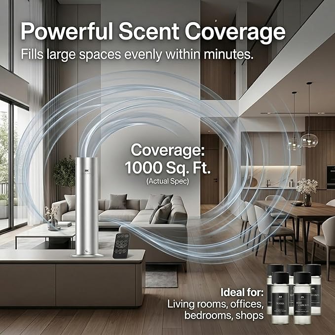 Electric Waterless Essential Oil Diffuser Starter Kit - Covers Up to 1000 Sq Ft - Essential Oil Diffuser for Large Rooms - Hotel-Inspired Home Aroma - Remote Control + 5 Premium Scent Oils Included