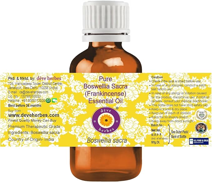 Deve Herbes Pure Boswellia Sacra (Frankincense) Essential Oil (Boswellia Sacra) Steam Distilled 15ml (0.50 oz)