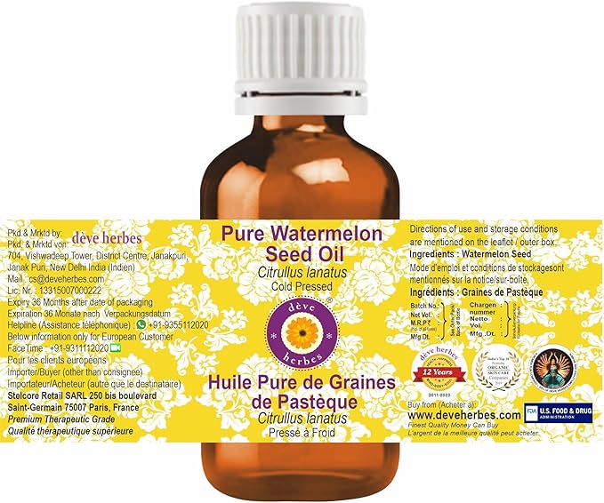 Deve Herbes Watermelon Seed Oil (Citrullus lanatus) | Cold Pressed | Pure | Natural | Undiluted | For Diluting Essential oils | Skin & Massage | Non-Sticky| Lightweight| Unisex | 15ml (0.50 oz)