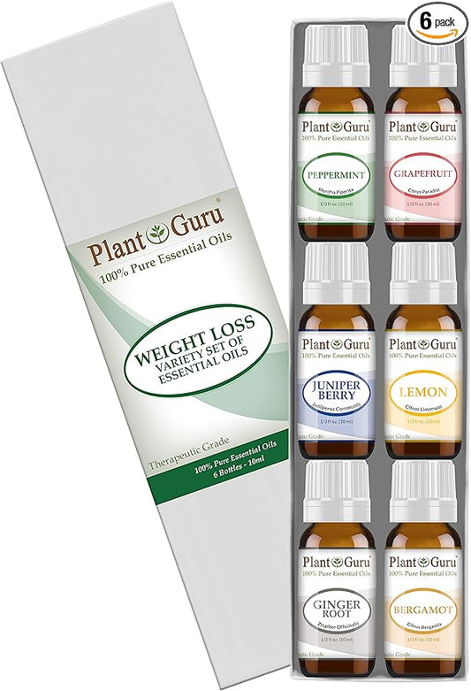 Weight Loss Set Essential Oil Variety Set Kit - 6 Pack - 100% Pure Therapeutic Grade 10 ml. Set Includes- (Peppermint, Grapefruit, Juniper Berry, Lemon, Ginger, Bergamot)