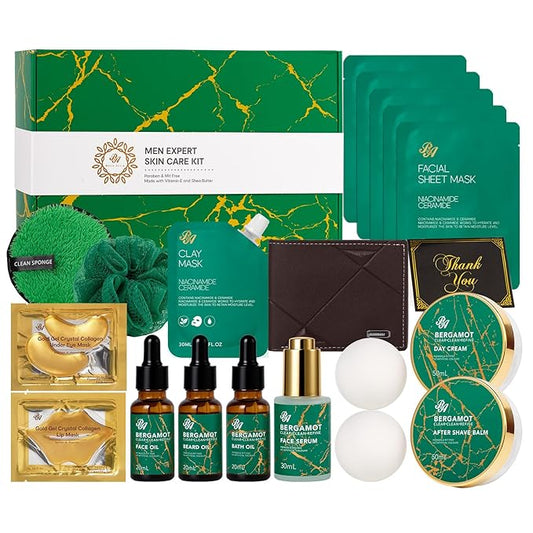 Men Bergamot Facial Skin Care Set, Fathers Day Gift, 21 Pcs Beard Grooming Kit, Bath and Body Gift Basket Set, Cleanser, Beard Oil, Serum, Face Cream, Birthday, Christmas, Husband, Dad, Boyfriend
