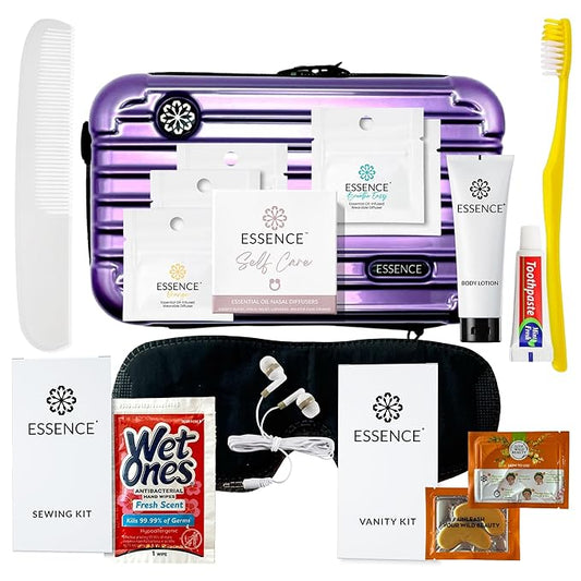 Essence Travel Amenity Kit | Travel Essentials & Travel Size Toiletries Kit | 5-Pack Nasal Diffuser Rings, Sleep Mask, Lotion & Hygiene Kit | Travel Toiletry Kit for Women | Purple Case