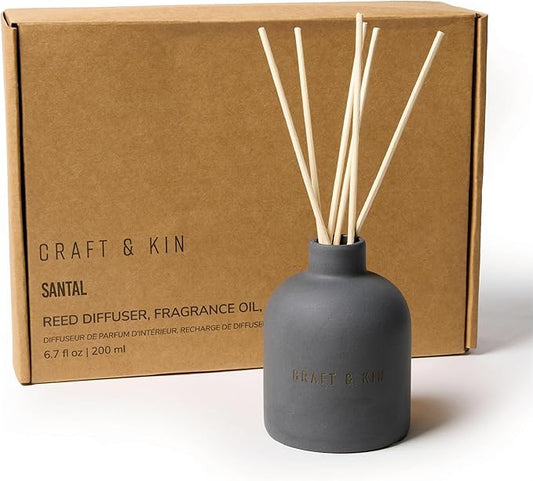 Craft & Kin Reed Diffuser for Home & Bathroom – Santal Woods Holiday Reed Diffuser Set with Fragrance Sticks, Long-Lasting Alcohol-Free Winter Scent, Earthenware Collection, 6.7oz