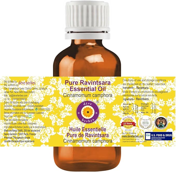 Deve Herbes Pure Ravintsara Essential Oil (Cinnamomum camphora) Steam Distilled 10ml (0.33 oz)