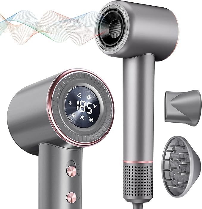Rudd Hair Dryer with Diffuser, High Speed Hair Dryer with Display, 160000 RPM Brushless Motor for Fast Drying, 500 Million Negative Inoic Low Noise, Grey