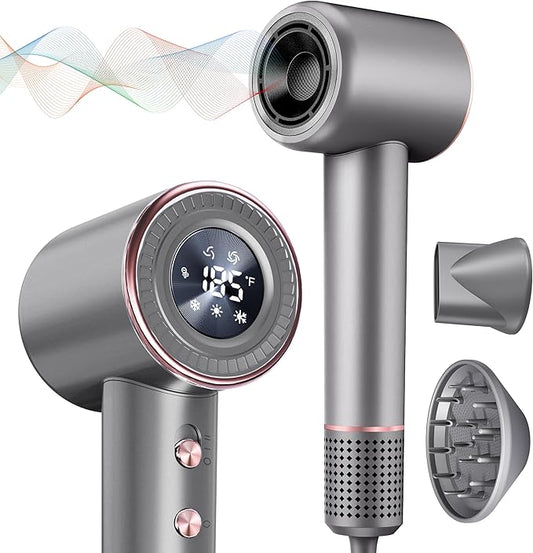 Rudd Hair Dryer with Diffuser, High Speed Hair Dryer with Display, 160000 RPM Brushless Motor for Fast Drying, 500 Million Negative Inoic Low Noise, Grey