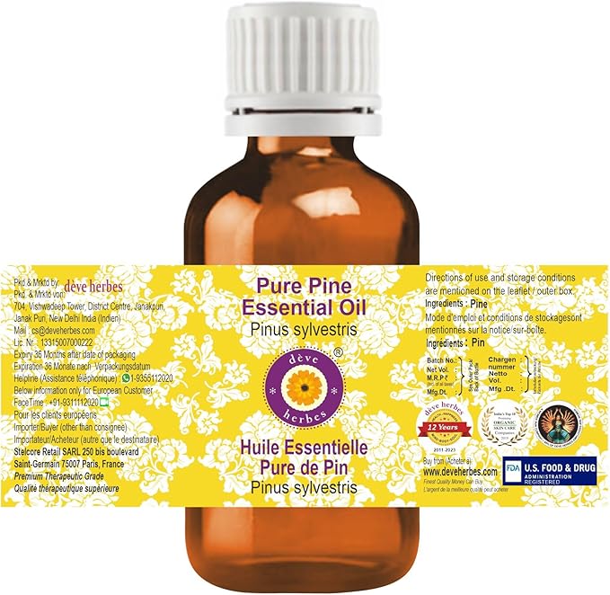 Deve Herbes Pure Pine Essential Oil (Pinus sylvestris) Steam Distilled (Pack of Two) 100ml X 2 (6.76 oz)