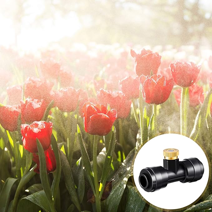 Misting Nozzles Kit Include Water Misting Tees Thread 1/4 Inch and Brass Orifice Nozzle with Black Plug for Outdoor Spray Cooling System(60 Pieces)