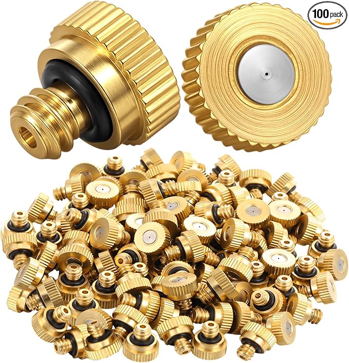 Zhengmy 100 Pcs 0.2mm Brass Misting Nozzles, Mister Nozzles Brass for Outdoor Cooling System Orifice 10/24 UNC Replacement Heads for Outdoor Cooling System