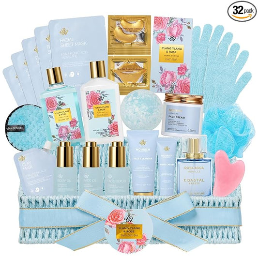 Mothers Day Gifts Basket for Mom, 32 Pcs Ylang & Rose Bath & Body Gift Basket for Women, Hydrating Face Skin Care Kit, Spa Gift Basket Set, Self-Care Relaxation Gift, Birthday, Anniversary