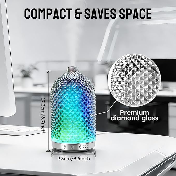 Essential Oil Diffuser 150ml, Glass Aromatherapy Diffuser with Ultrasonic Cool Mist, 7 Color LED Lights, 1/2/4H Timer, Quiet Auto Shut-Off Oil Diffuser for Bedroom, Home, Office (Silvery)