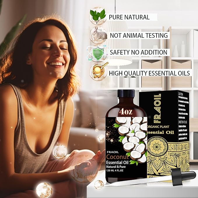Coconut Essential Oil, Coconut Oil 4 Fl Oz 120ML for Diffuser Humidifier Yoga Cleaning DIY Candle Soap Making Perfume Gift for Women Essential Oils FRAOIL (Coconut 4 Fl Oz (Pack of 1))