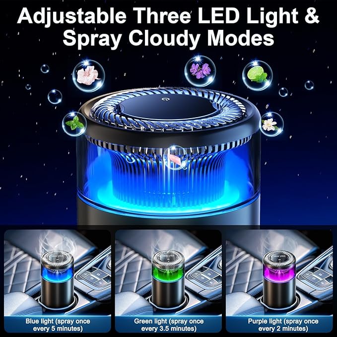 Smart Car Air Fresheners, Ambient Light & Mist Fragrance, Auto On/Off Car Air Freshener Diffuser, Adjustable Intensity, Premium Scents Refill, Lasts 1000 Times, Built-in Battery, Fanaticism
