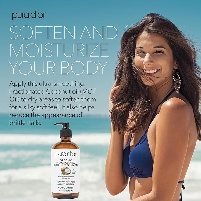 PURA D'OR ORGANIC Fractionated Coconut Oil MCT Oil (16.9 Oz GLASS BOTTLE) 100% Pure & Natural USDA Certified Cold Pressed - Unscented, Hexane Free Moisturizer For Face, Skin & Hair Tonic - Men & Women