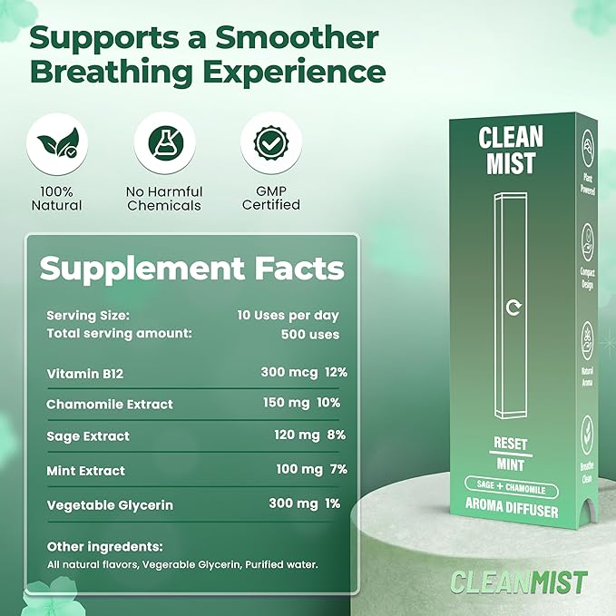 The Clean Mist Herbal Diffuser Pen | Aroma Diffuser Pen Stick | Fresh Reset with Extracts of Mint, Sage and Chamomile | Natural Plant-Based Alternative | 500 Uses Per Stick | Aroma Reset Cleanse