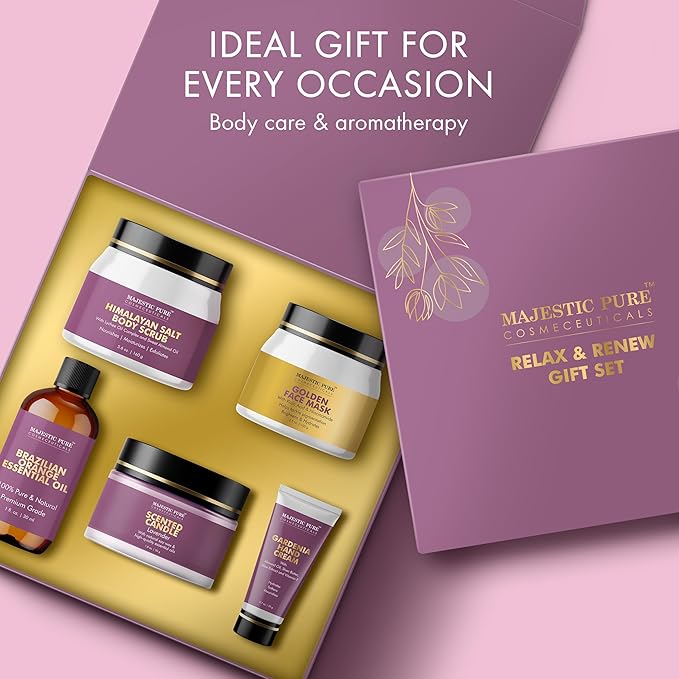 Majestic Pure Christmas Day Gift Set set of 5- (Brazilian Orange oil 1oz, Scented Candle - 50g, Gardenia Hand Cream - 20g, Himalayan Salt Body Scrub - 160g, Gold Face Mask - 100g)
