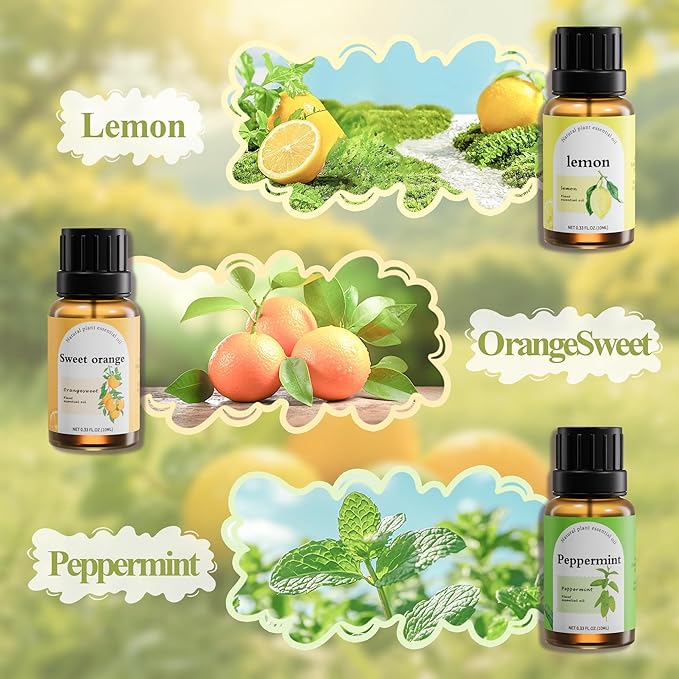 Natural Essential Oil Blend Set - 6x10ml Fresh & Crisp Collection - Plant-Based Scented Oils for Diffuser, Air Purifier & Home Fragrance - Peppermint, Lemon, Frankincense, Chamomile, Orange Blossom