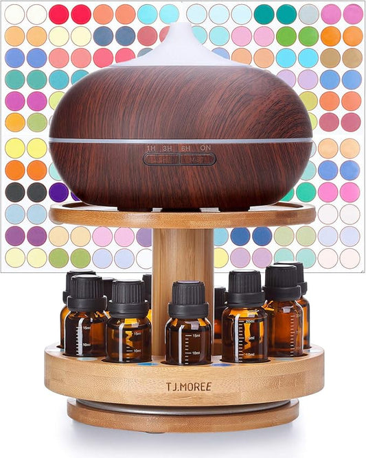 TJ.MOREE Bamboo Diffuser Holder Carousel- 2 Tier Height Increase Rack with Upper Tray for Holding Diffuser, for 5ml, 10ml, 15ml, 20ml Essential Oils Bottles