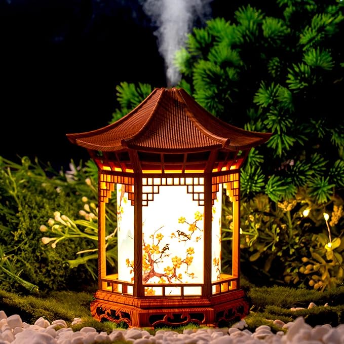 Chinese Lanterns, Chinese Lamp Aroma Diffuser & Night Light - 160ml Lantern Diffuser with Dual Mist Modes, Dual Color Temperatures, Shallow Wood Grain for Bedroom Office Home, Khaki