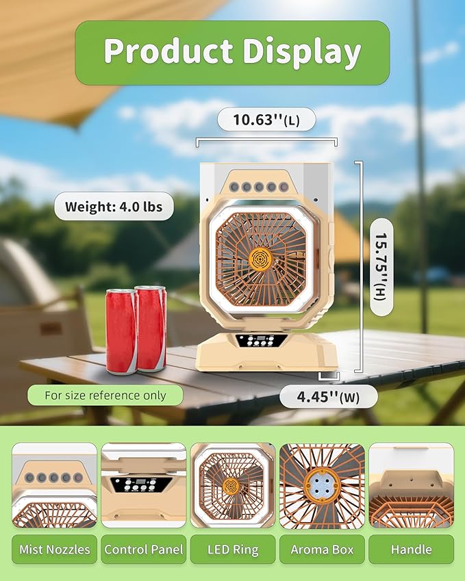 Weljoy Desk Fan 5 Sprayers Rechargeable Misting Fan for Camping & Home – 6 Speed Portable Cooling Fan with Mist 560ml Water Tank Aromatherapy Diffuser Timer 27000mAh Fast-Charging Battery(Biege)