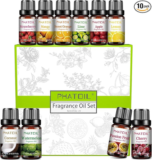 PHATOIL 10Pcs Fruity Fragrance Oil Set, Coconut, Cherry, Apple, Strawberry, Mango Oils for Candle Making, Freshie Scents for DIY Soap Making, Diffuser Oil Scents Set