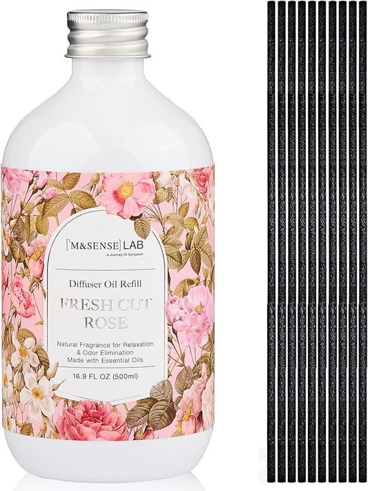 M&SENSE Reed Diffuser Oil Refill, 16.9oz (500ml) with 10 Reed Sticks, Fresh Cut Rose Scent Home Fragrance, Scented Oil Refills, Natural Essential Oils for Diffusers, Home Décor for Home Spa Office