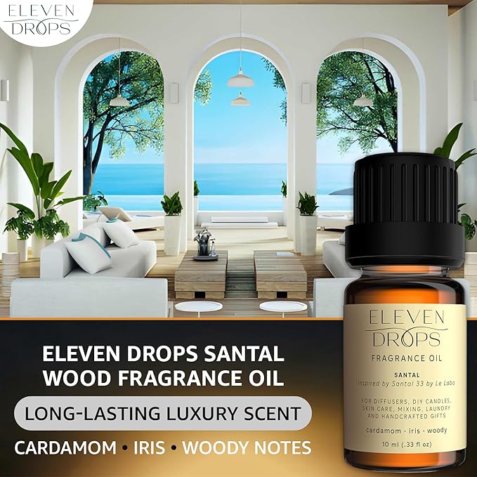 Santal Fragrance Oil | Cardamom, Iris & Woody Notes | Long Lasting Scent Reed Diffuser Oil for Home, Office, Hotel, Spa, Car & Linen Spray | Pet Friendly IFRA Compliant, 10 ml