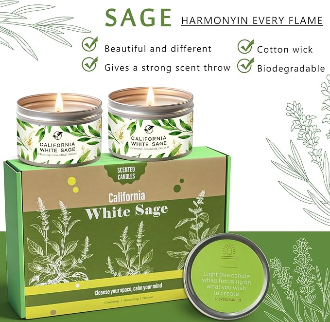 Sage Candle Gift Set, 6-Pack 6oz Natural Soy Wax Aromatherapy Scented Candles, Clean Burn & Lead-Free Cotton Wicks, Calming Relaxing Candles for Spring, Mothers Day & Housewarming Gifts for Mom, Women