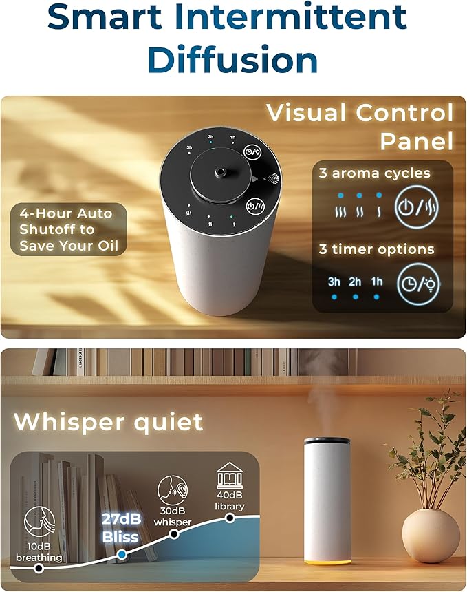 Cooper Bliss Waterless Diffuser for Essential Oils, Pure Aroma Zero Water, Cordless 10-hr Battery Operated Oil Diffuser Machine, Adjustable Scent & Timer, Ambient Light, 100% Bio-Fiber Wood (White)