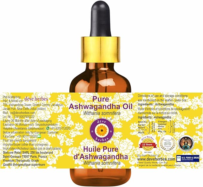 dève herbes Ashwagandha Oil (Withania somnifera) with Glass Dropper | Infused | Pure | Non-Sticky | Lightweight | for Facial Care | Men & Women | 30ml (1 oz)