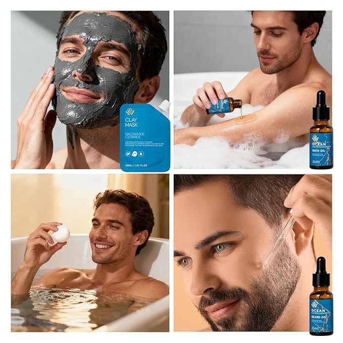 21 Pcs Men Facial Skin Care Set, Father's Day Gifts, Bath & Beard Gift Set for Men, Home Spa & Self-Care Gift Basket Set, Clay Mask, Birthday, Christmas, Valentines, Boyfriend, Anniversary, Dad
