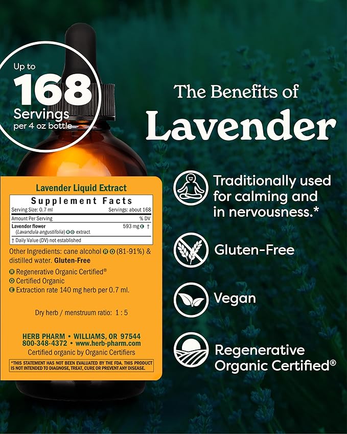 Herb Pharm Certified Organic Lavender Flower Liquid Extract for Calming Nervous System Support, 4 Fl Oz - Packaging May Vary