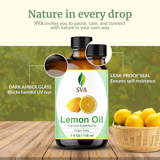 SVA Lemon Essential Oil – 4 Fl Oz – 100% Natural Lemon Oil - for Diffuser, Hair Care, Face, Skin Care, Aromatherapy, Scalp and Body Massage, Soap and Candle Making – with Dropper