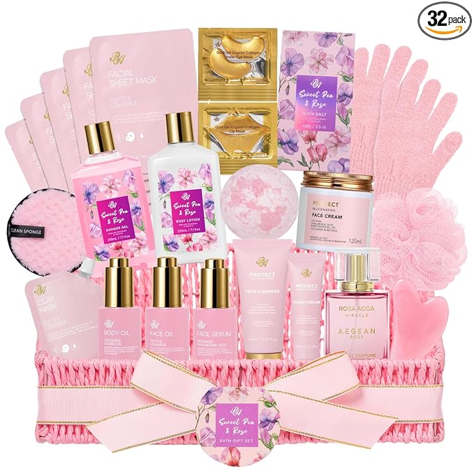 32 Pcs Mother's Day Gift, Rose Bath and Body Gift Basket for Women, Hydrating Facial Skin Care Set, Self Care Pampering Kit, Women Home Spa Basket Set, Birthday, Anniversary, Wife