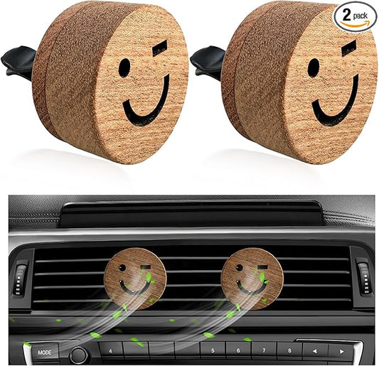 KVAEY 2 PCS Wood Car Essential Oil Diffuser, Wooden Aromatherapy Essential Oils Diffuser with Vent Clip, Wood Vent Clip Air Freshener for Vehicle Office Home Bedroom (Smile)