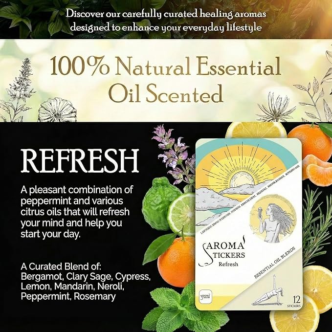 Original Blend REFRESH Edition- 100% Natural Essential Oil Scented Mask Stickers for Face Mask & Pillow (12 Stickers/pc) -Personal Aroma/Relaxing (Pack of 3)