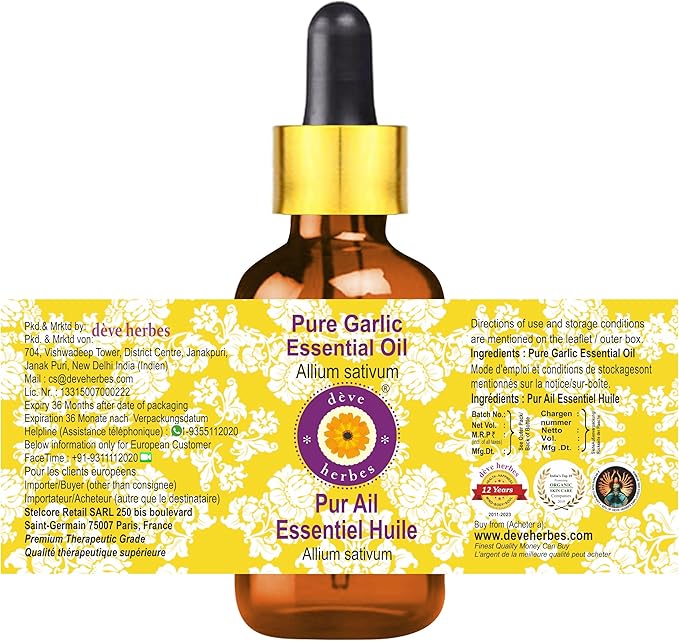 Deve Herbes Pure Garlic Essential Oil (Allium sativum) with Glass Dropper Steam Distilled 100ml (3.38 oz)