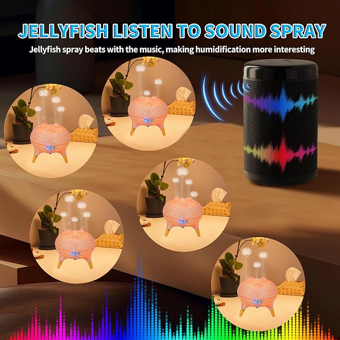 KCKJ Jellyfish Essential Oil Diffuser Sound-Activated Spray Dancing Jellyfish,250ml Aroma Air Diffuser, 3 Mist Modes & 7 Color Lights, Volcanic Lava Design for Home Bedroom(White Crack)