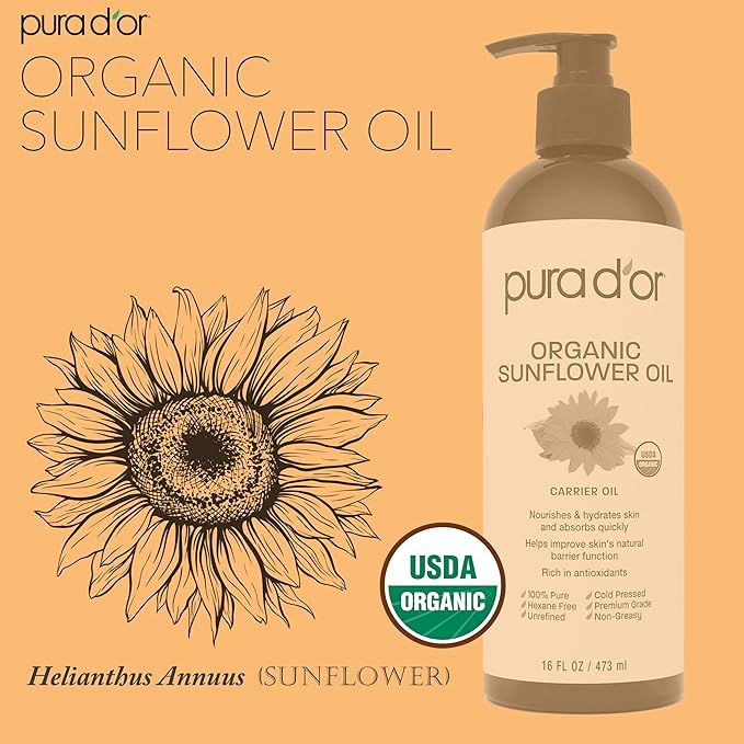 PURA D'OR ORGANIC Sunflower Seed Oil (16 Oz) 100% Pure & Natural USDA Certified Cold Pressed Carrier Oil For DIY Beauty - Unscented, Hexane Free Liquid Moisturizer - Face Skin & Hair - Men & Women