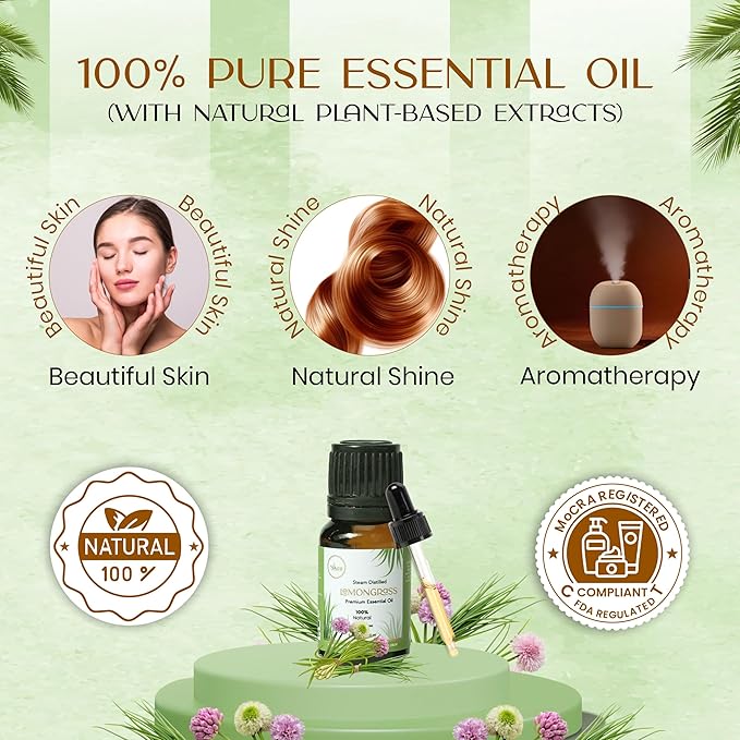 Lemongrass Essential Oil 0.33 fl oz – 100% Pure & Natural Cymbopogon Flexuosus – Undiluted Steam Distilled Oil for Diffuser, Aromatherapy, Skin, Hair, Massage & DIY Candle Making