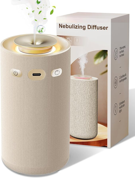 Waterless Essential Oil Diffuser,Portable Car Aromatherapy Diffuser,Rechargeable Cordless Scent Device with Fabric Design,Adjustable Mist & Ambient Light for Home, Office, Travel (Beige)